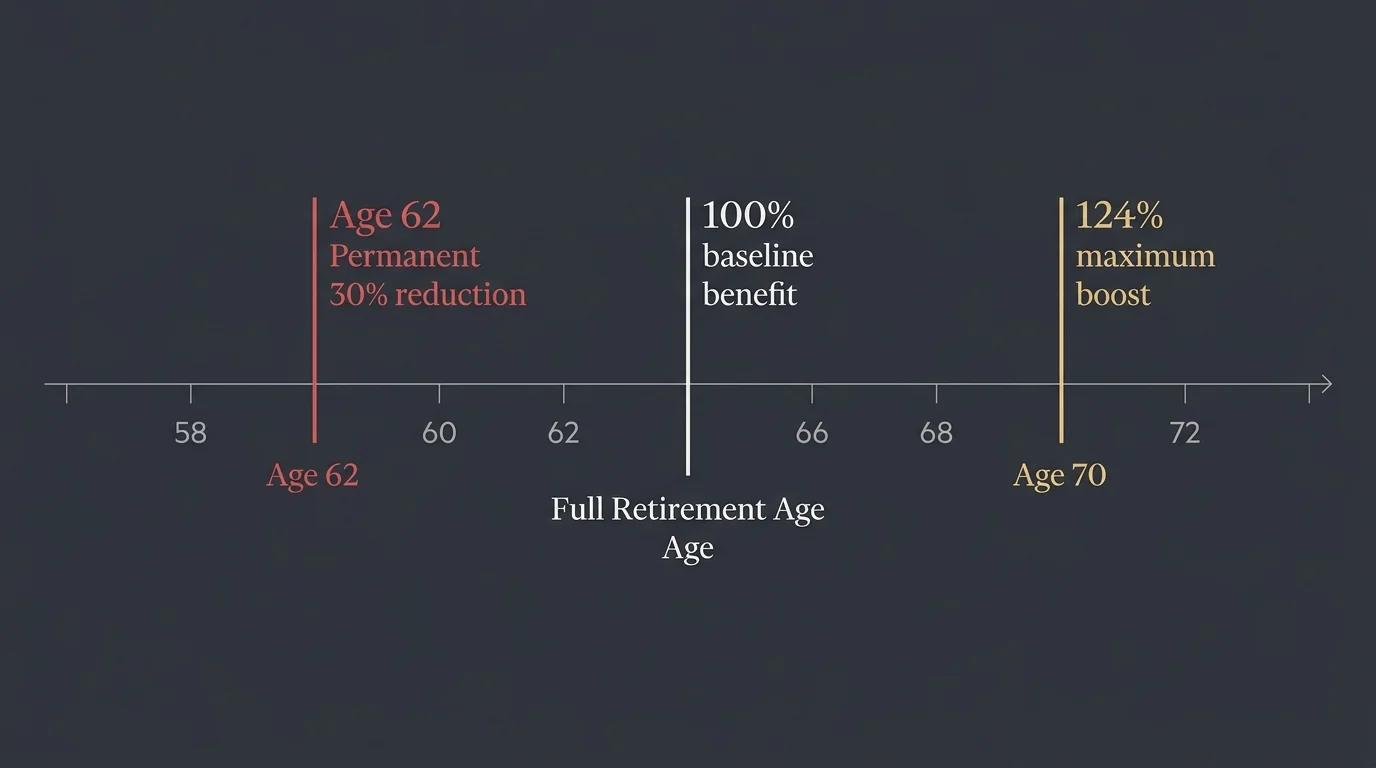 A horizontal timeline comparing Social Security benefits at Age 62 with a 30% reduction, FRA at 100%, and Age 70 at a 124% boost.