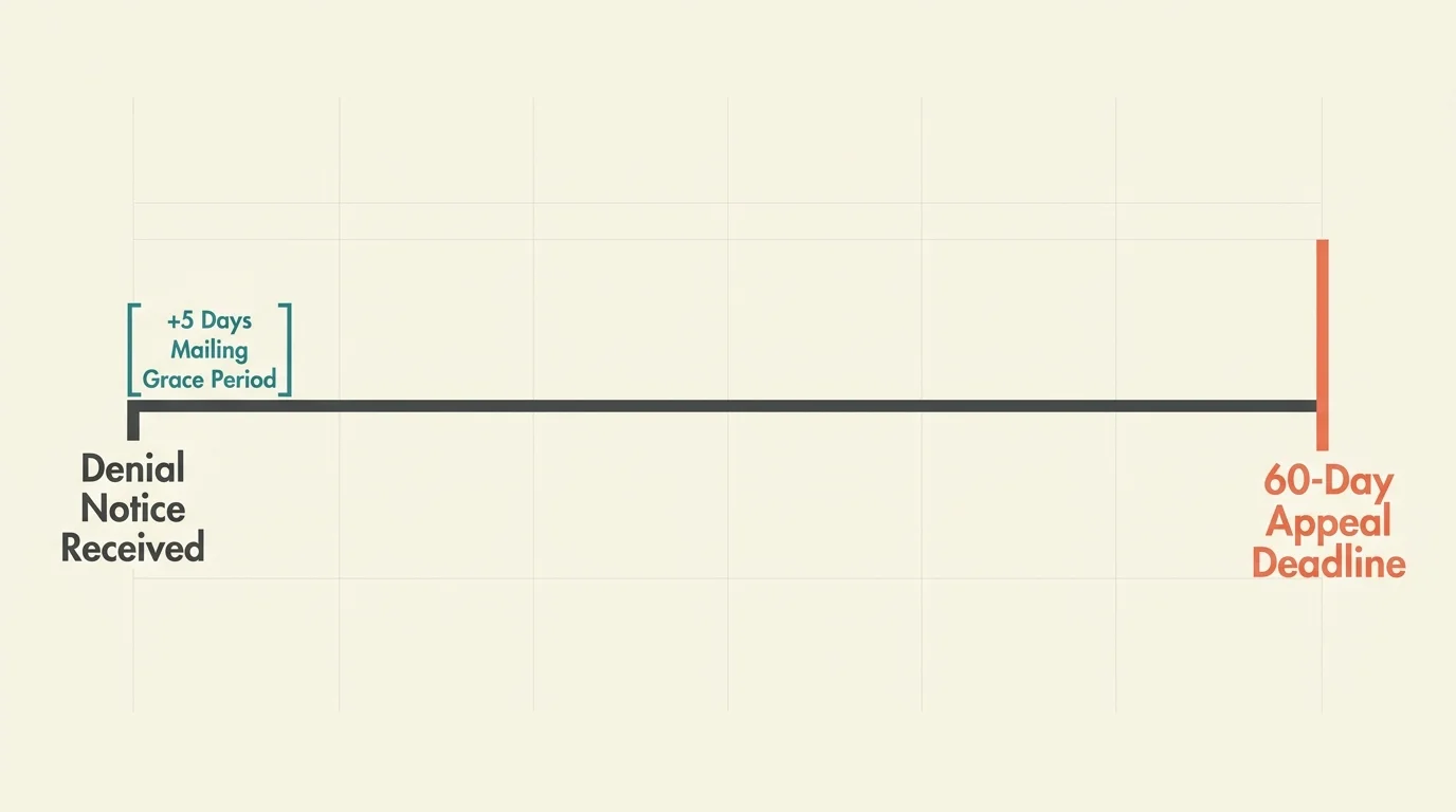 A horizontal timeline diagram illustrating the 60-day appeal deadline and 5-day mailing grace period.