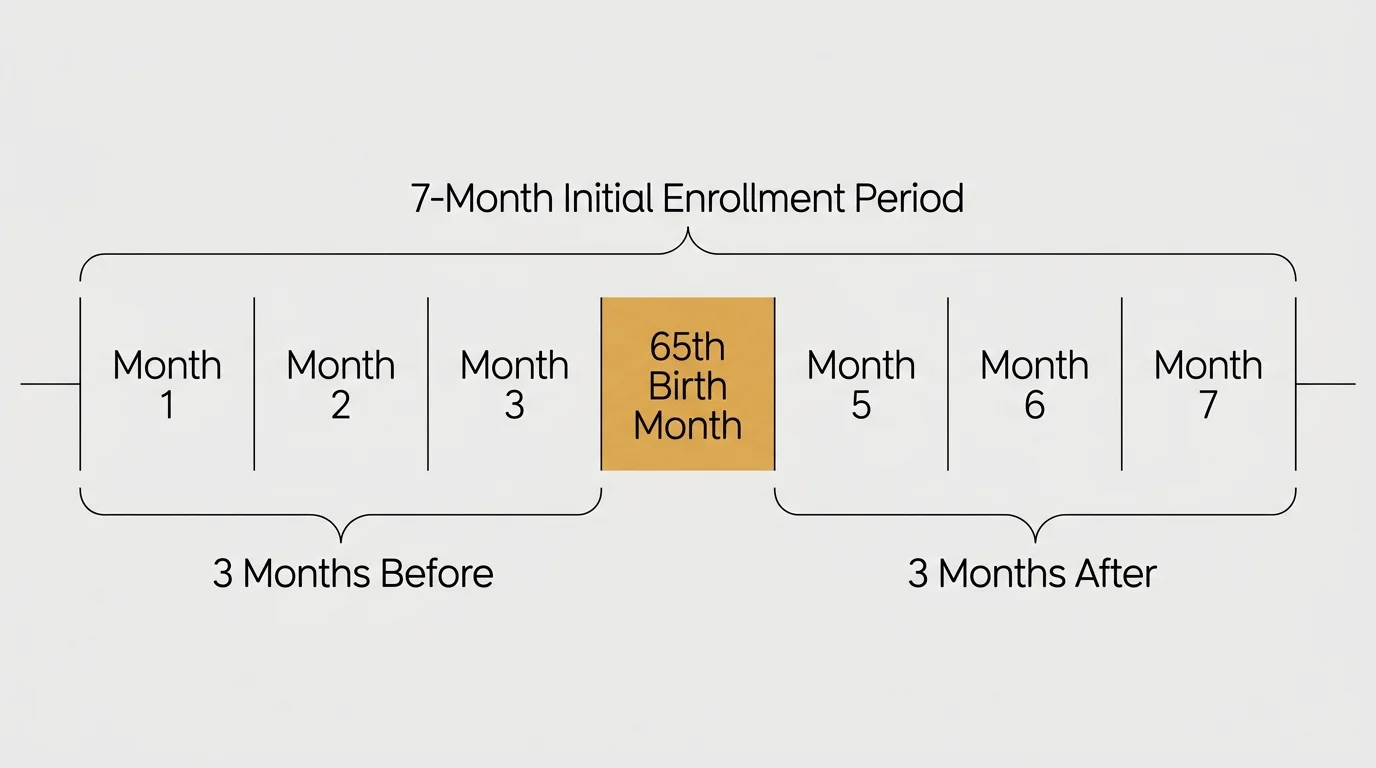 A horizontal timeline diagram mapping out the seven-month Medicare Initial Enrollment Period around the 65th birthday month.