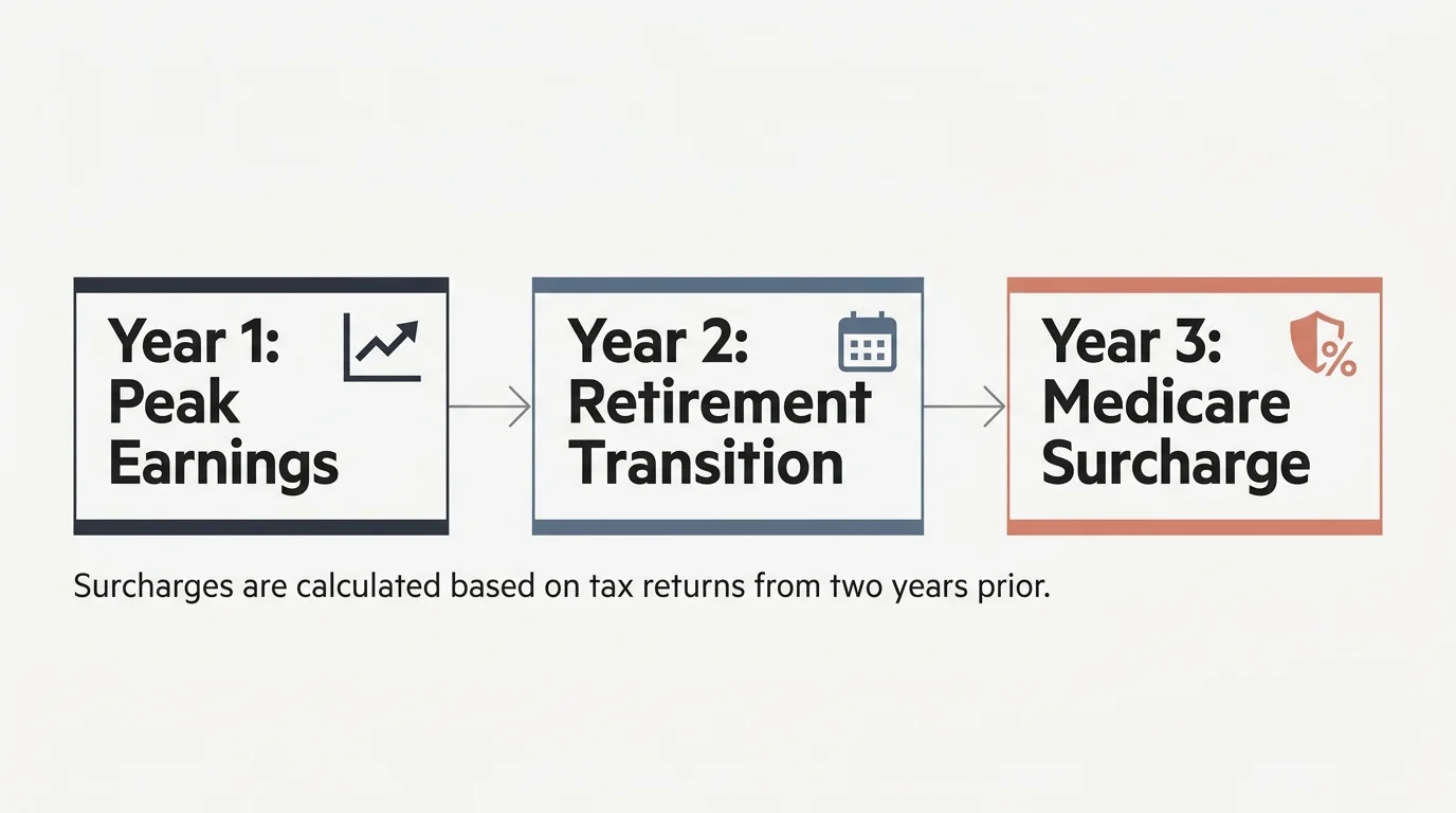 A horizontal timeline diagram showing how earnings from Year 1 determine Medicare surcharges in Year 3.