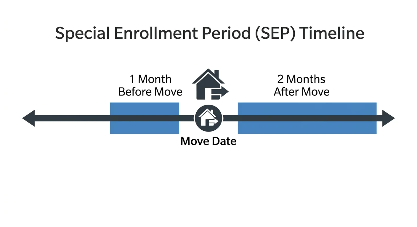 A horizontal timeline diagram showing the Special Enrollment Period spanning from 1 month before to 2 months after the move date.