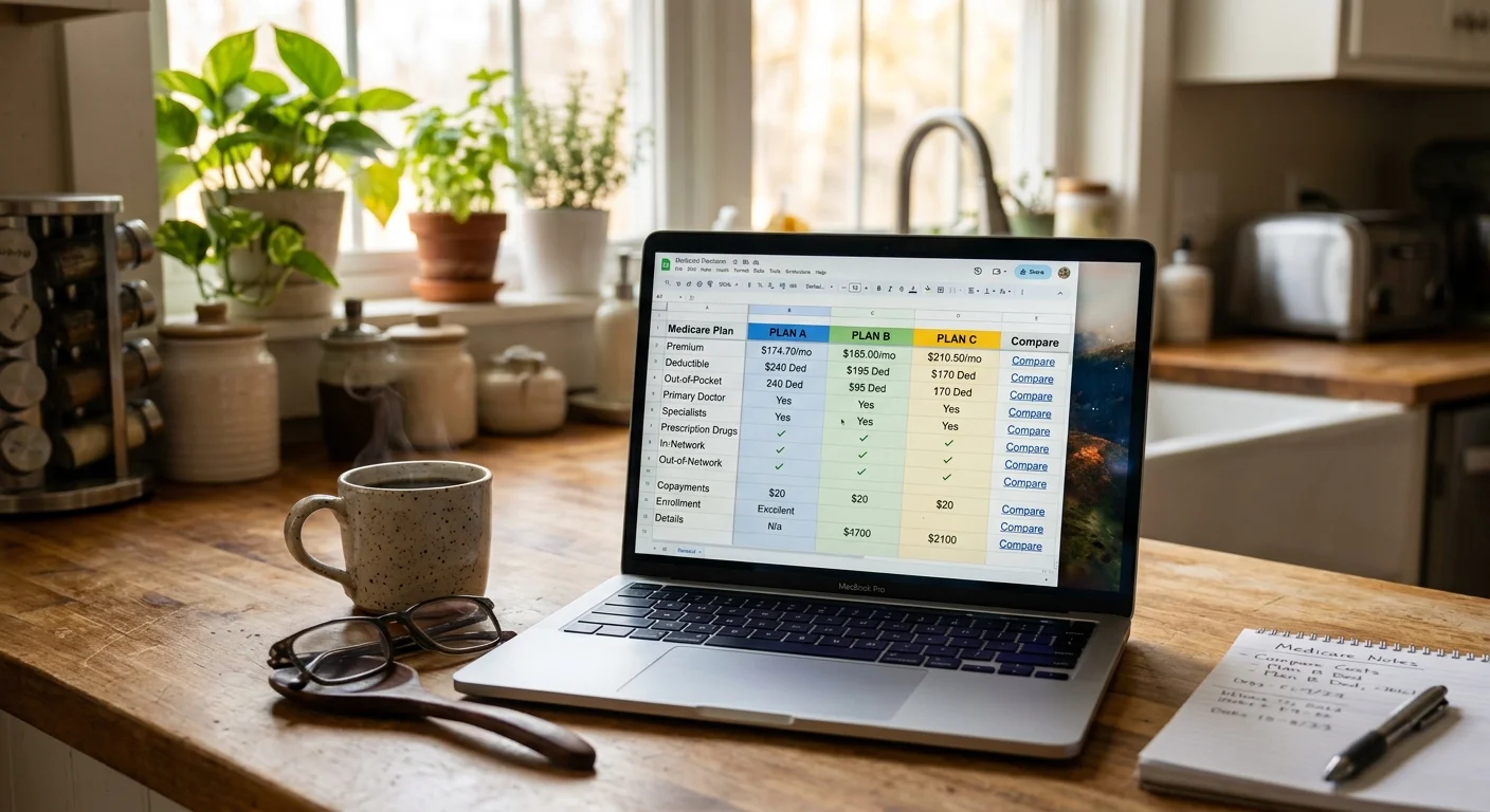 A laptop showing a Medicare plan comparison next to a coffee mug on a kitchen counter in bright morning light.
