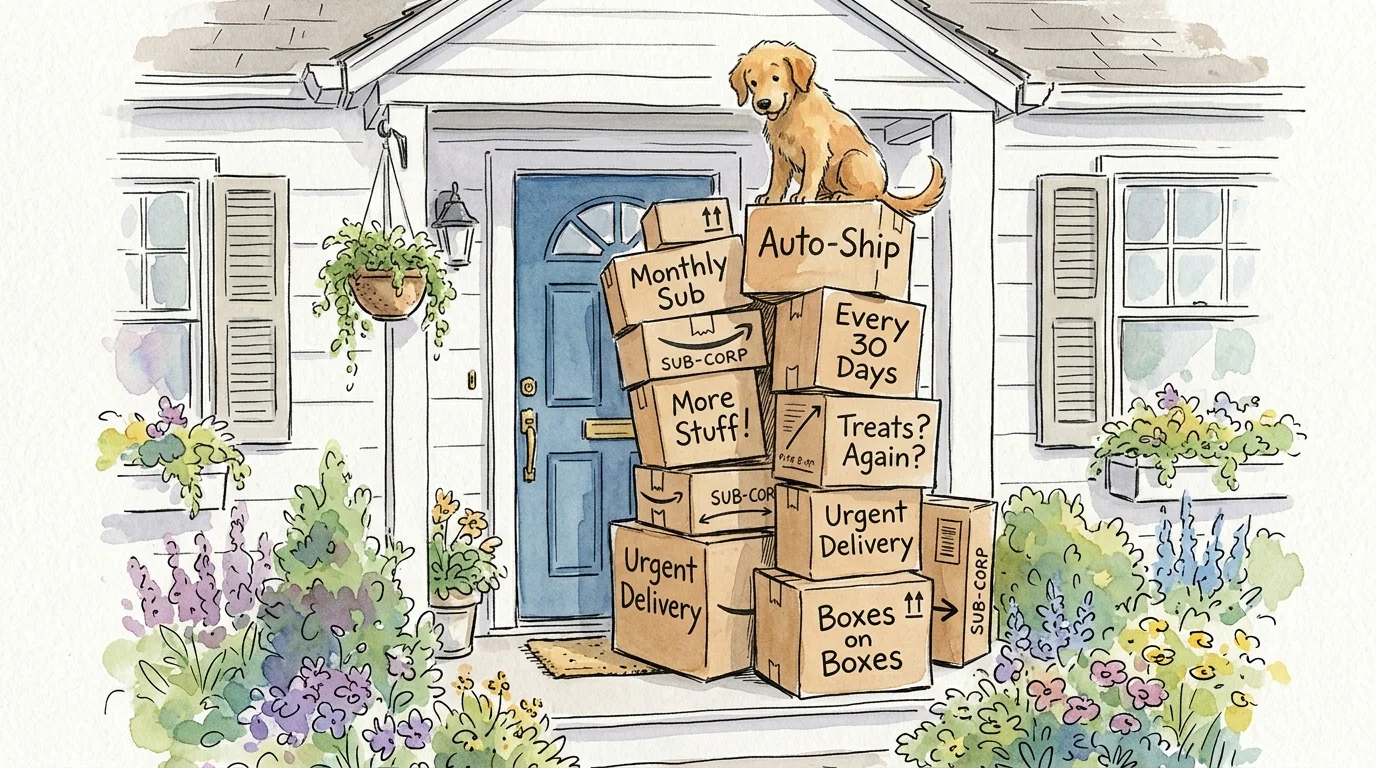 A large tower of cardboard delivery boxes with auto-ship labels is stacked on a suburban porch, with a golden retriever on top.