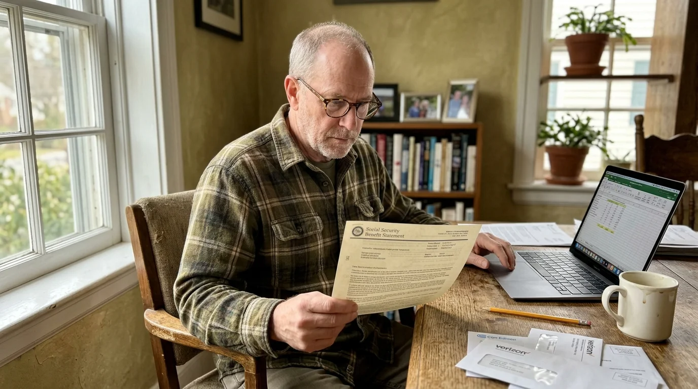 An older man wearing glasses sits at a desk reviewing a Social Security Benefit Statement beside his laptop.