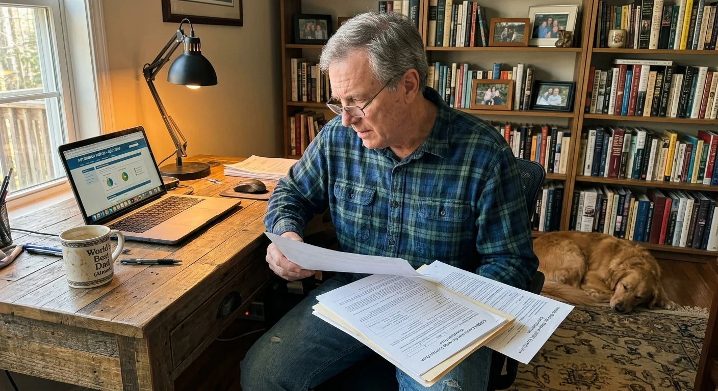 A man in his mid-60s reviews COBRA and HSA paperwork at his home office desk, reflecting on the transition from employer plans.