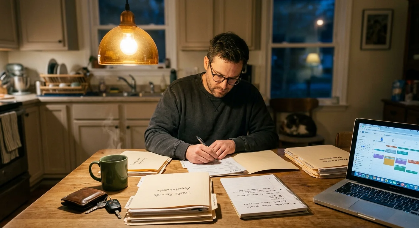 A man sits at his kitchen table under warm light, carefully organizing folders and medical paperwork.