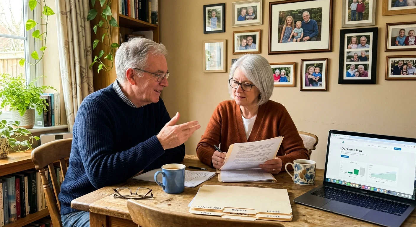A mature couple sits at a dining room table with folders and a laptop, discussing complex Medicare planning options.