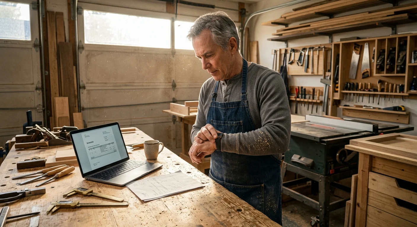 A man wearing an apron checks his wristwatch in a woodshop next to an open laptop and woodworking tools.