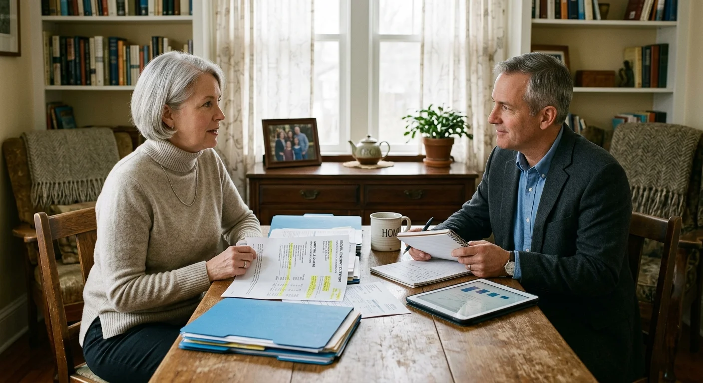 A woman and a man in a blazer sit at a wooden table reviewing documents, a notepad, and a tablet.
