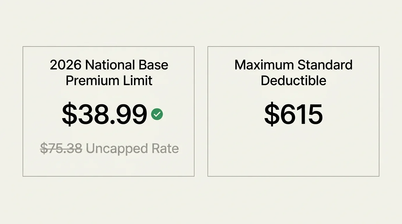 A minimal data diagram comparing the $38.99 capped base premium with the $75.38 uncapped rate, alongside the $615 maximum deductible.