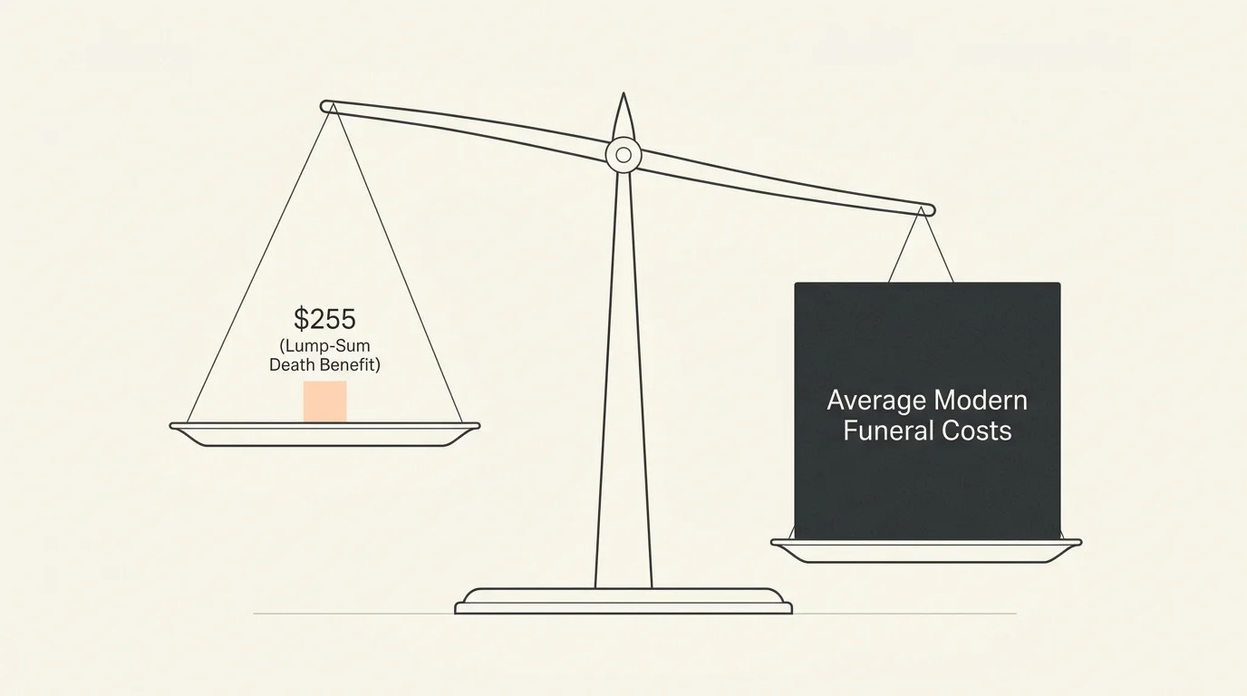 A minimalist balance scale diagram showing a tiny block for the 255 dollar benefit dwarfed by a massive block for modern funeral costs.