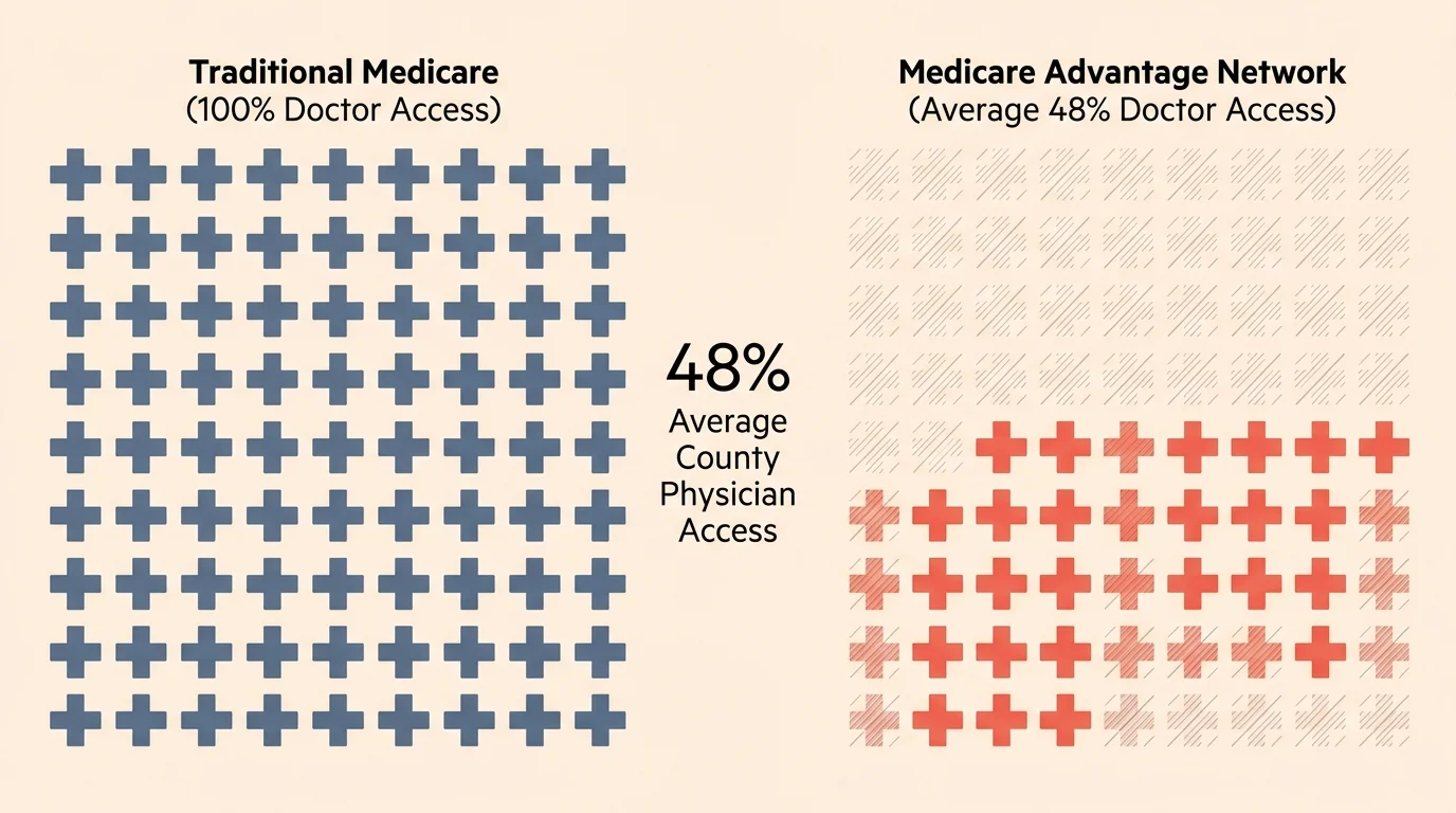 A minimalist data diagram comparing doctor access rates between Traditional Medicare and Medicare Advantage plans.
