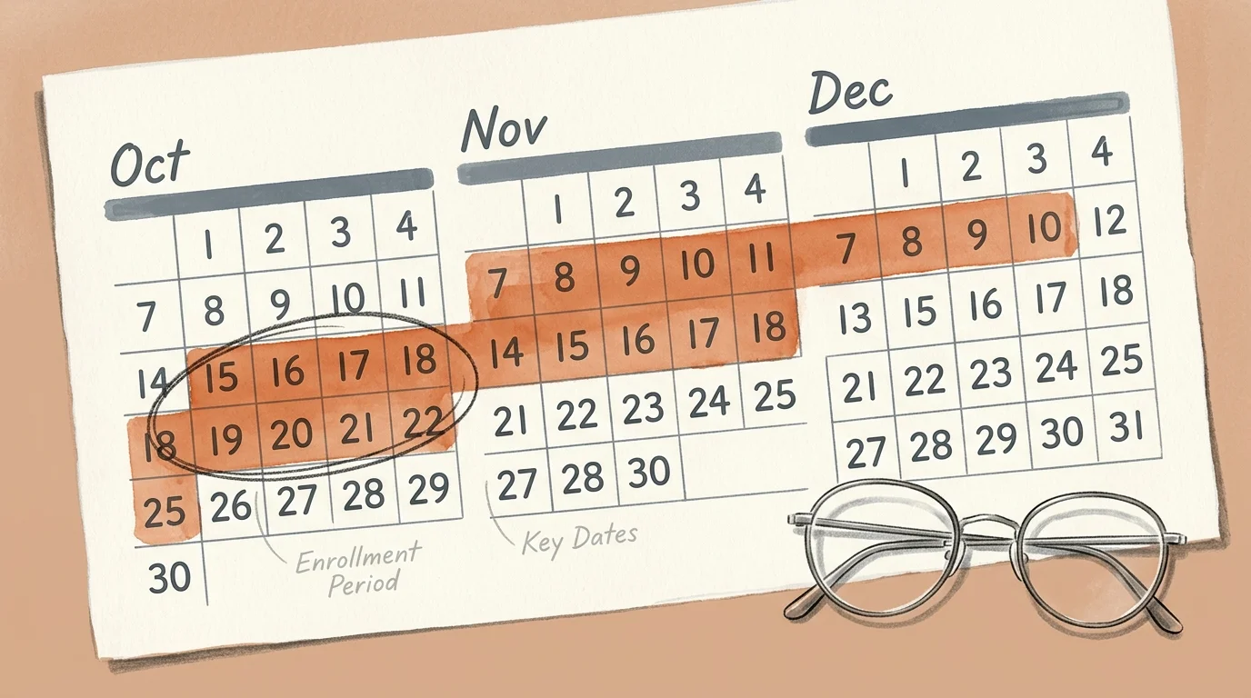 A minimalist gouache illustration of a calendar with the October 15 to December 7 annual enrollment period highlighted in warm orange.
