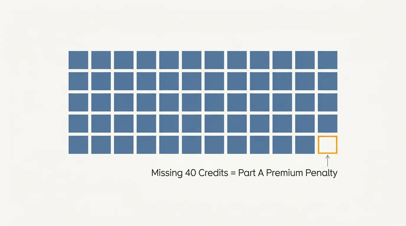 A minimalist grid diagram of 40 blocks, highlighting the missing final block to represent the 40-credit Medicare Part A threshold.