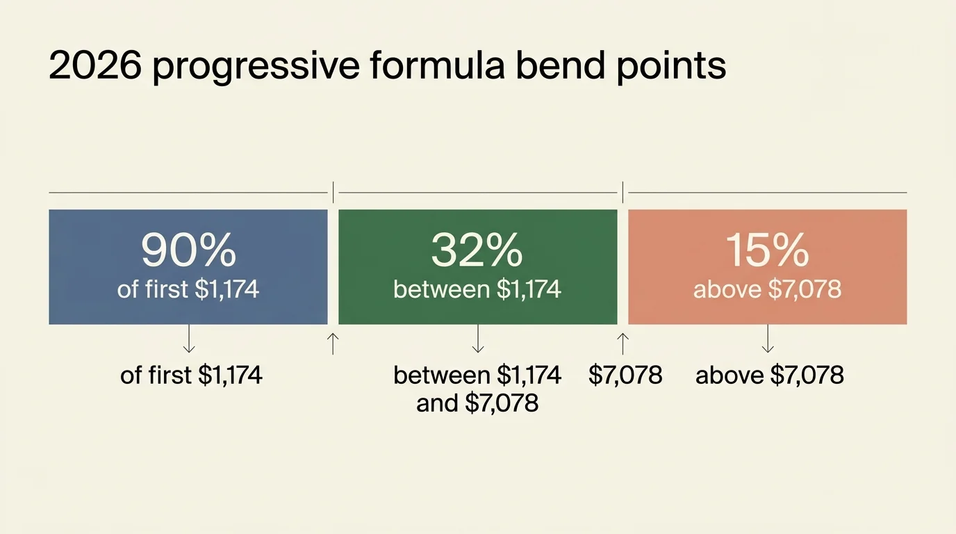 A minimalist horizontal diagram explaining the 2026 Social Security formula bend points of 90%, 32%, and 15%.