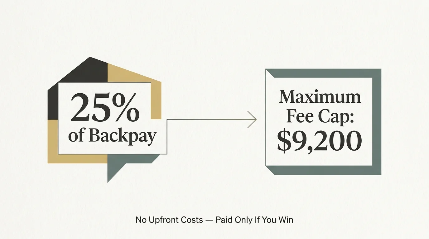 A minimalist infographic illustrating the 25 percent backpay fee structure and the $9,200 cap.