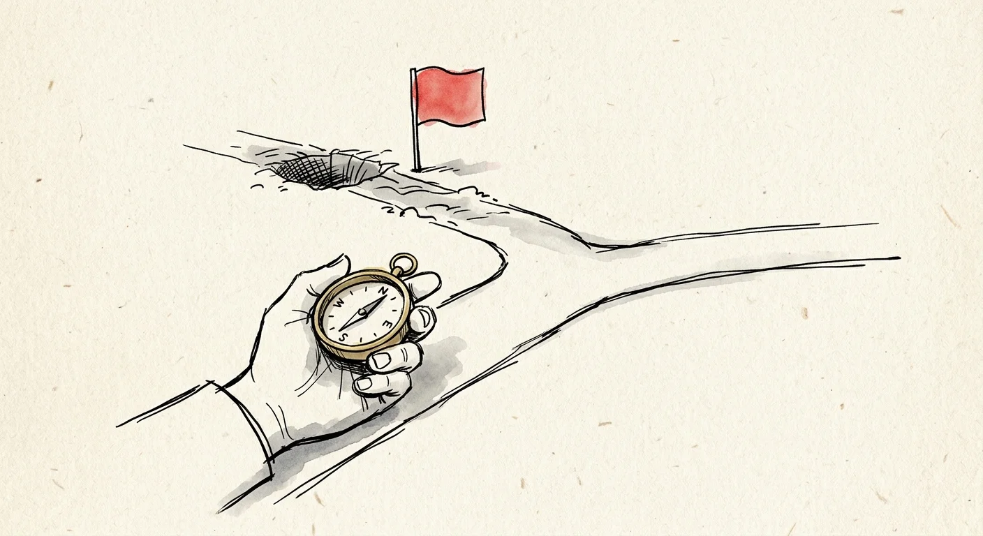 A minimalist ink drawing of a compass directing a path away from a stylized pitfall, symbolizing avoiding financial mistakes.