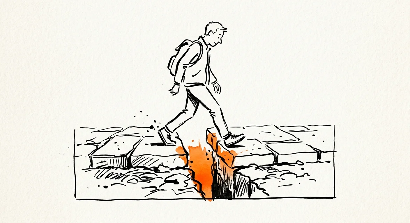 A minimalist ink sketch showing a person carefully stepping over a gap in a path, symbolizing the avoidance of costly Medicare enrollment er