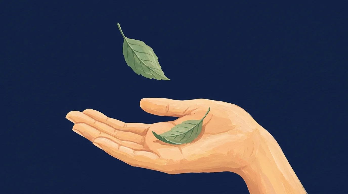 A minimalist painting of a green leaf landing safely in a warm, open hand against a dark navy blue background.