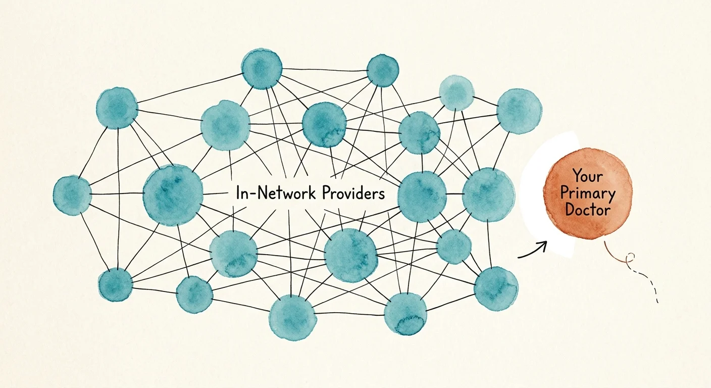 A minimalist watercolor illustration depicting a single doctor circle disconnecting from an established healthcare provider network map.