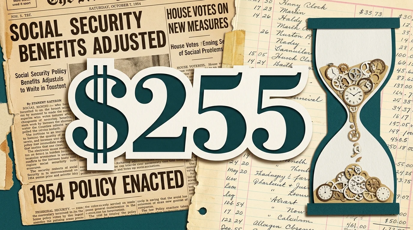 A mixed-media collage featuring the number 255 in a retro font over 1954 newspaper clippings and a stylized hourglass.