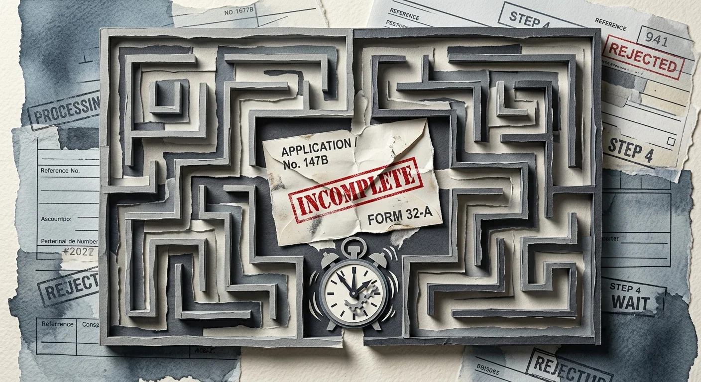 A mixed-media paper collage of a maze with a torn envelope stamped 'Incomplete' and a spinning clock icon.