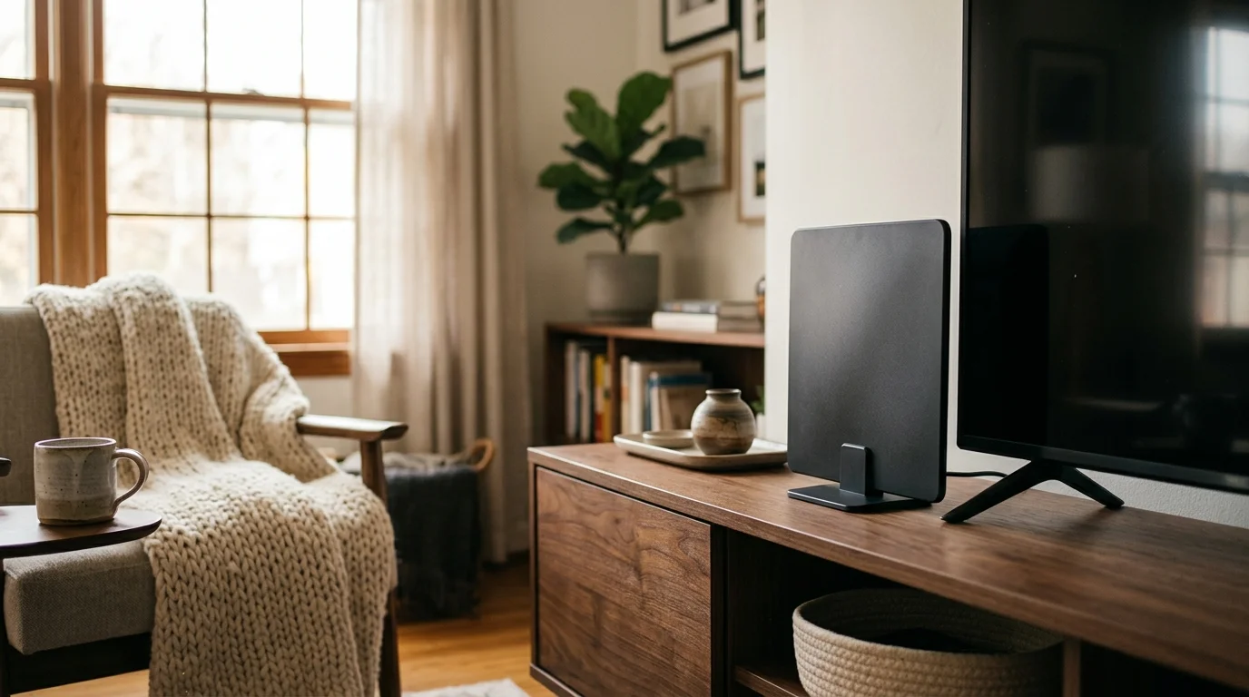 A modern flat-panel digital over-the-air HD antenna sits on a walnut console table next to a television in a warm living room.
