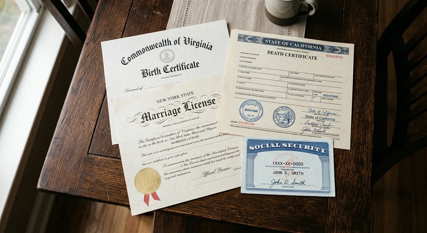 A neat flat lay of a birth certificate, marriage license, death certificate, and Social Security card on a dark wood table.