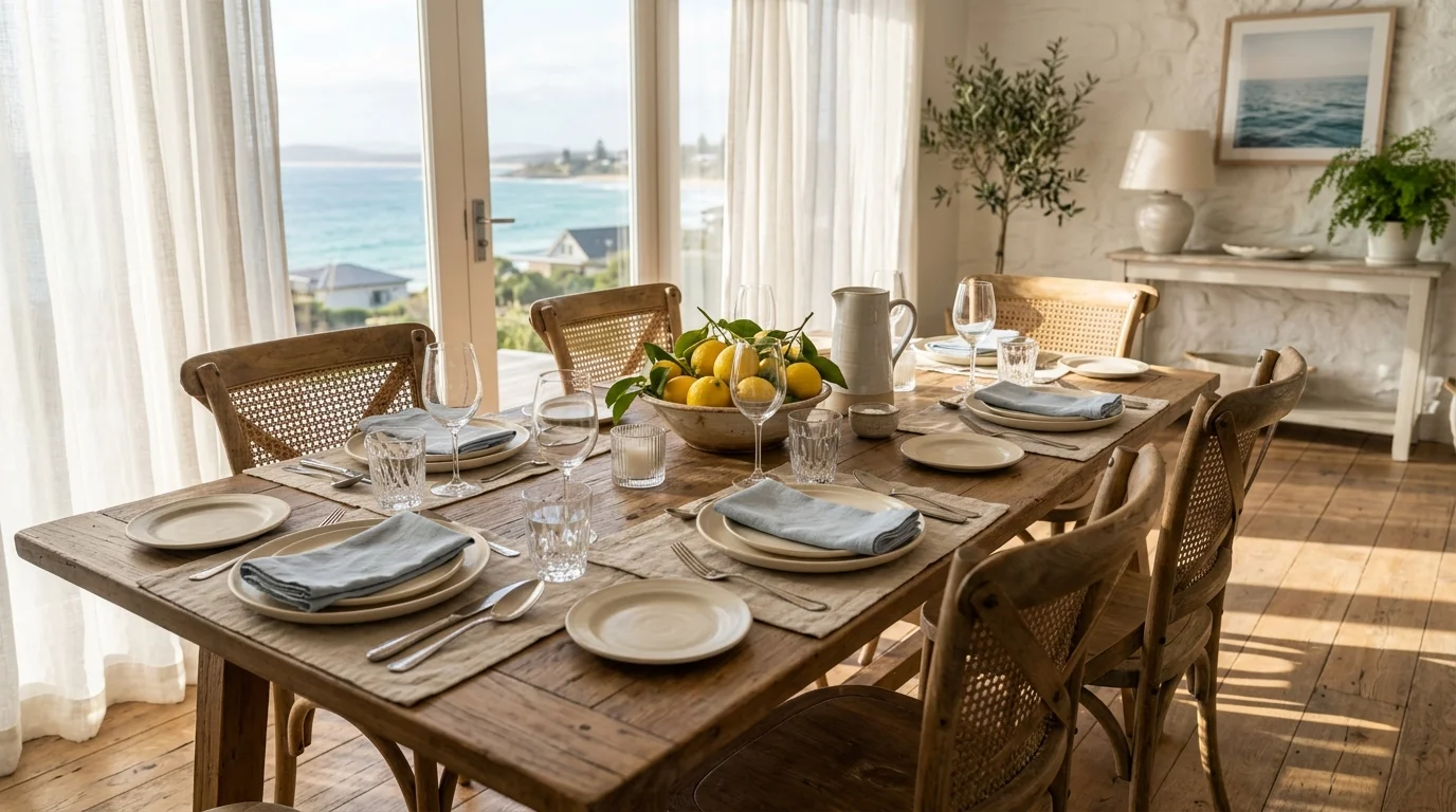A photograph of a dining table beautifully set for guests with empty chairs in a sunlit coastal room.