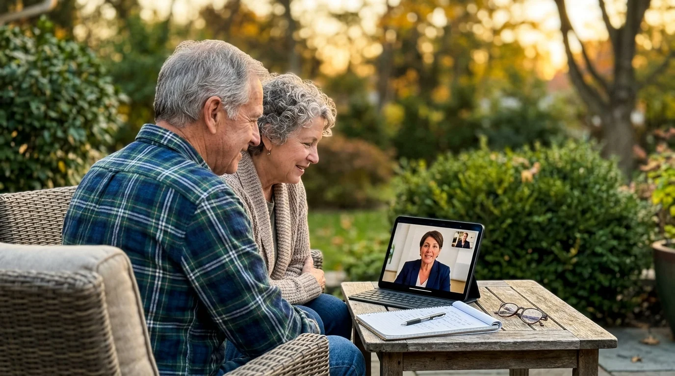 A photograph of a senior couple on their patio consulting with a financial advisor via a video call on a tablet.
