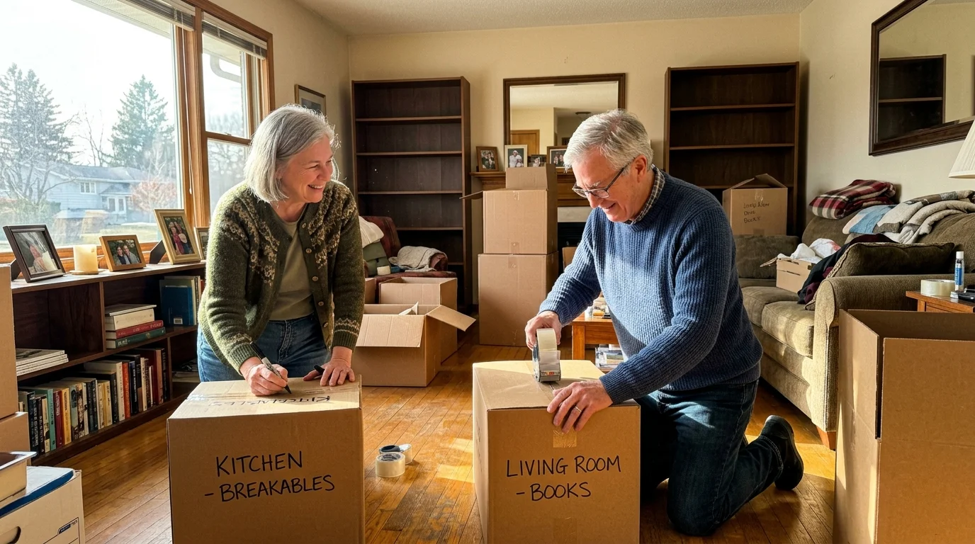 A photograph of an older couple packing cardboard boxes in their sunlit living room during a move.