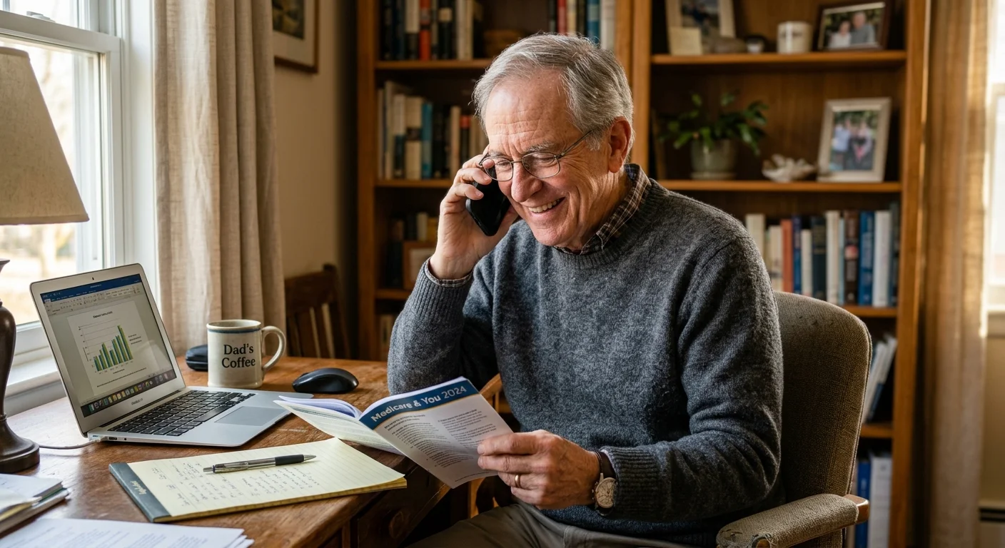 A photograph of an older man looking relieved while talking on the phone with a Medicare booklet on his desk.