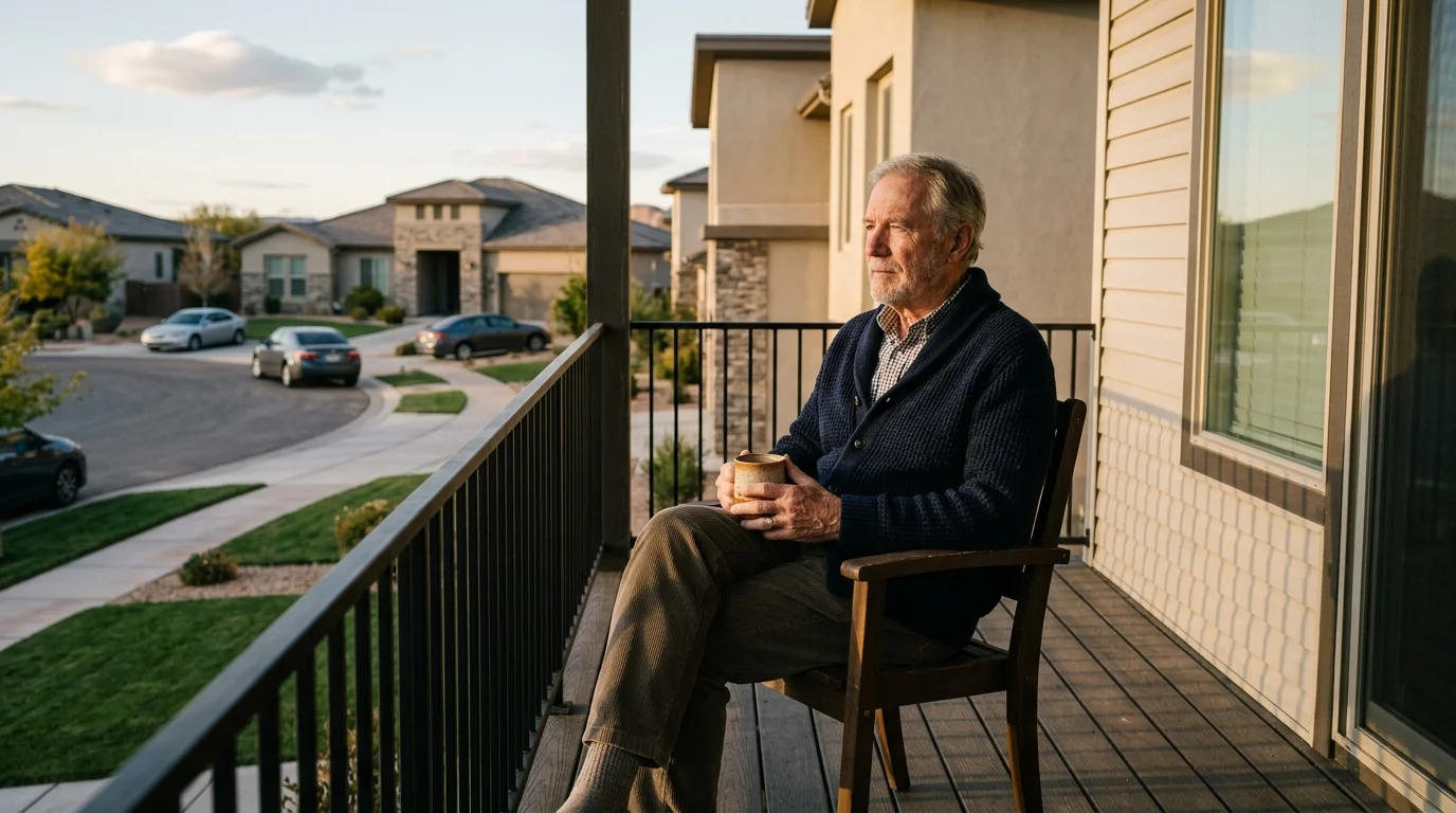 A photograph of an older man sitting alone on his porch, looking out over an empty suburban street during sunset.