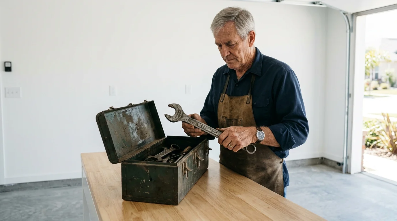 A photograph of an older man unpacking a worn toolbox onto a brand-new workbench in a sterile garage.