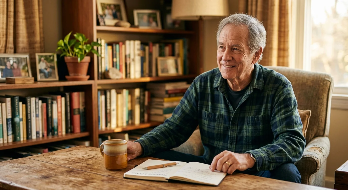 A relaxed older man smiling during a comfortable discussion in a sunlit living room with a notepad on the table.