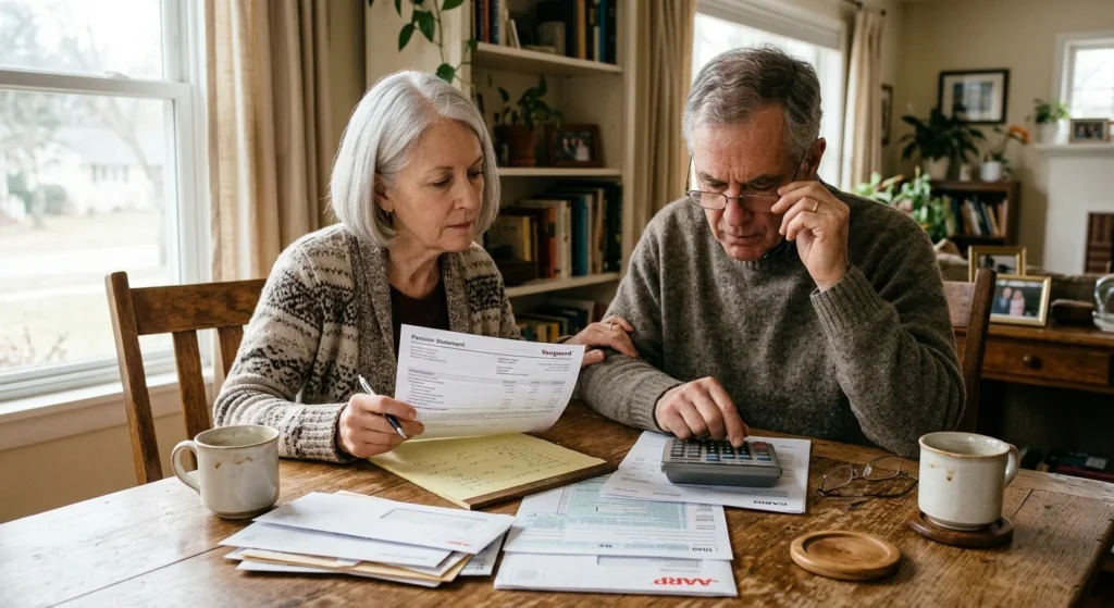 A retired couple reviews tax paperwork and financial statements together at their kitchen table in warm, natural morning light.