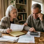 A retired couple reviews tax paperwork and financial statements together at their kitchen table in warm, natural morning light.
