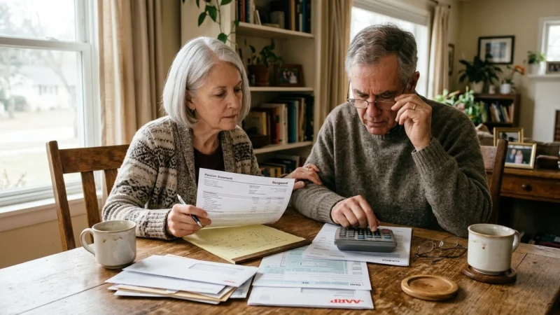 A retired couple reviews tax paperwork and financial statements together at their kitchen table in warm, natural morning light.