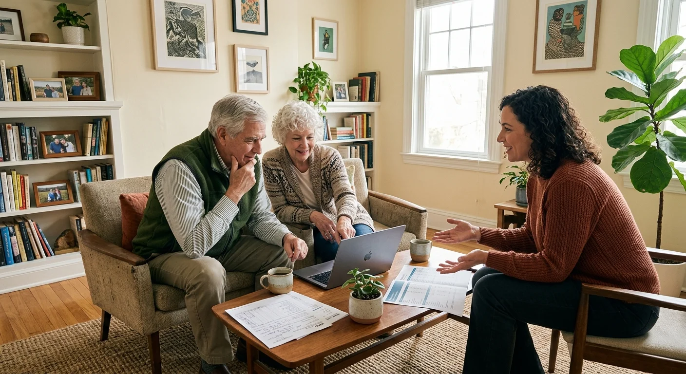 A retired couple sitting in a warm home office discussing tax documents with a professional advisor.