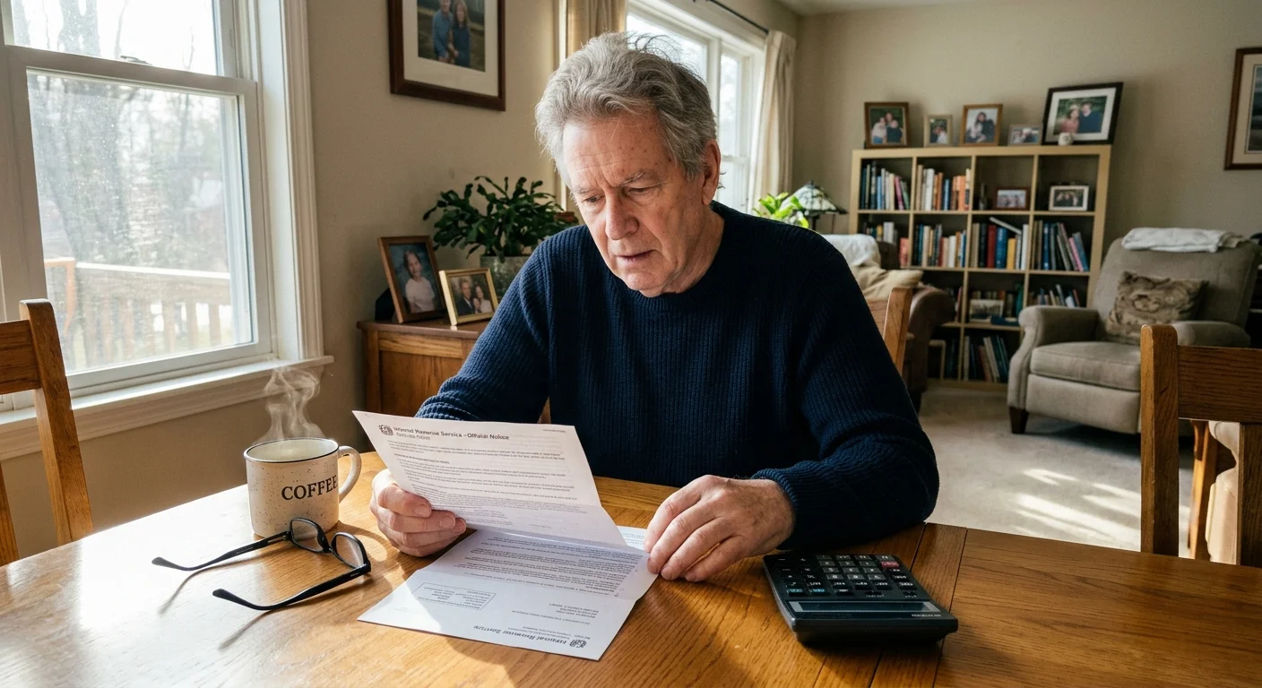 A retired man at a sunlit kitchen table looking with confusion at a government document next to his coffee and glasses.