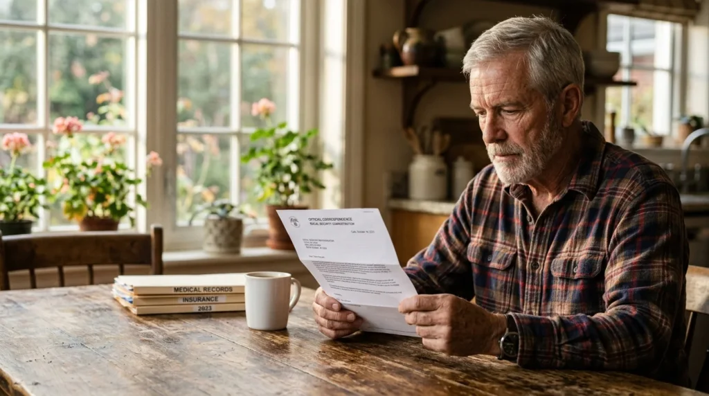A retired man at his kitchen table reviewing a Social Security denial letter in soft morning light.