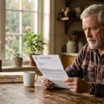 A retired man at his kitchen table reviewing a Social Security denial letter in soft morning light.