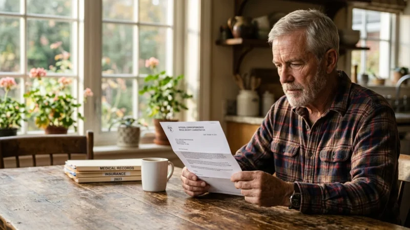 A retired man at his kitchen table reviewing a Social Security denial letter in soft morning light.