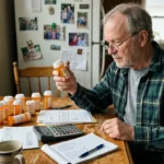 A retired man at his wooden kitchen table examines a prescription pill bottle alongside documents and a calculator in morning light.