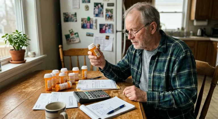 A retired man at his wooden kitchen table examines a prescription pill bottle alongside documents and a calculator in morning light.
