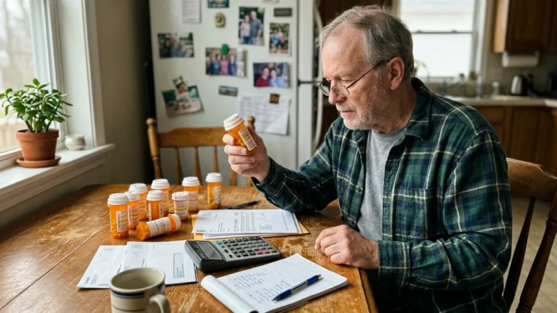 A retired man at his wooden kitchen table examines a prescription pill bottle alongside documents and a calculator in morning light.