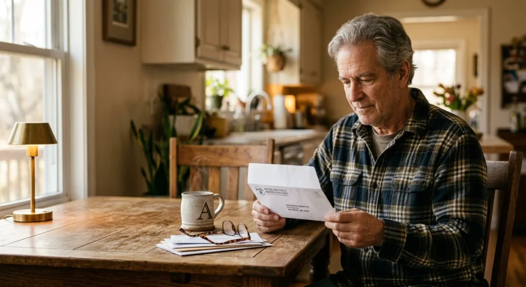 A retired man sits at a sunlit wooden table thoughtfully reviewing an official Social Security envelope next to his reading glasses.