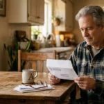 A retired man sits at a sunlit wooden table thoughtfully reviewing an official Social Security envelope next to his reading glasses.