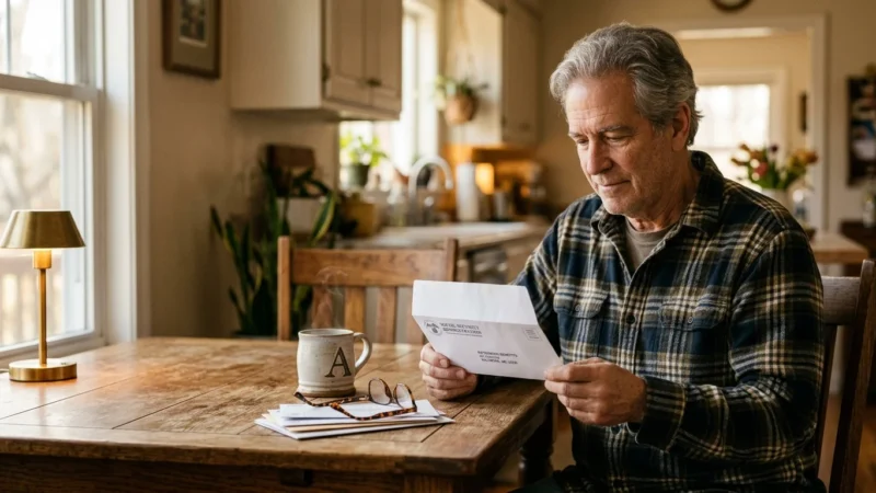 A retired man sits at a sunlit wooden table thoughtfully reviewing an official Social Security envelope next to his reading glasses.