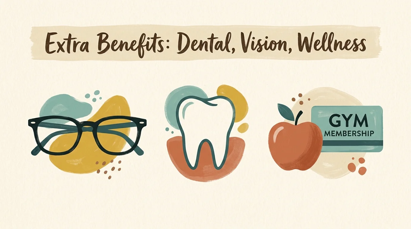 A retro-modern gouache illustration of glasses, a tooth, and an apple representing supplemental Medicare benefits.